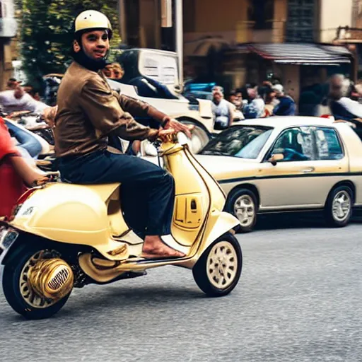 Prompt: a rich arab prince riding a gold plated vespa in heavy traffic