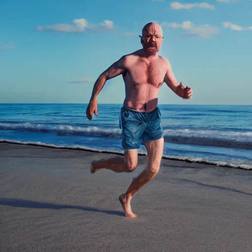 Prompt: Walter White running on the beach, artistic, 8k, cinematic, accurate, symetric, face, dramatic lighting, pastel colours