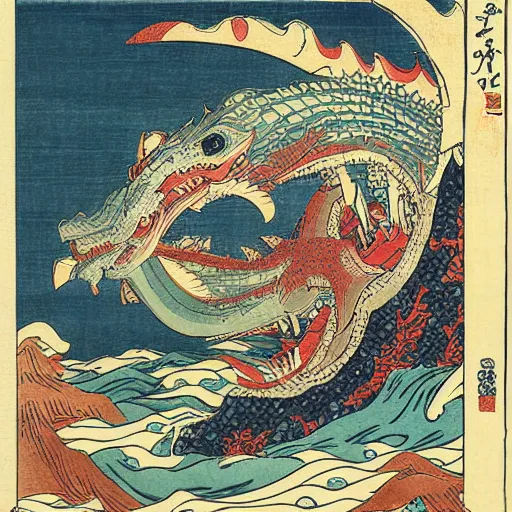 Image similar to A sea full of mythical monsters by Utagawa Kuniyoshi, ukiyo-e