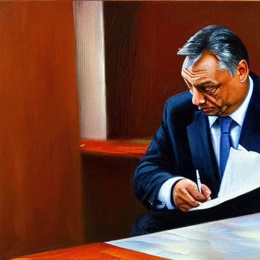 Image similar to viktor orban doing paperwork in a cubicle, oil painting
