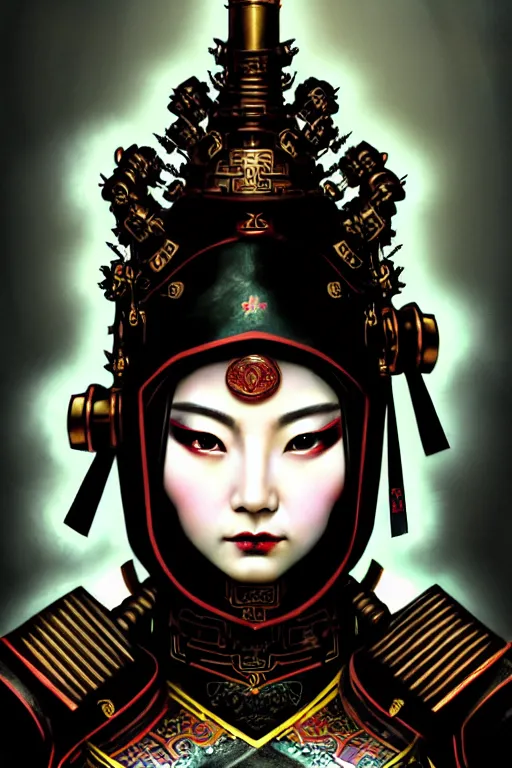 Prompt: beautiful and divine and luxury and evil and dieselpunklpunk three kingdom chinese female armor knight portrait+smoky eyes, ssci-fi, fantasy, neon light, inside the chinese temple, art and illustration by tian zi and craig mullins and WLOP and alphonse mucha, fantasy, intricate complexity, human structure, human anatomy, fantasy character concept, watermark, blurry, hyperrealism 8k