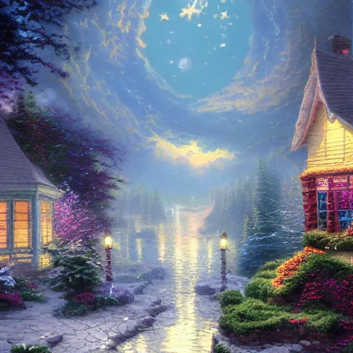 Prompt: Thomas Kinkade painting but there are aliens