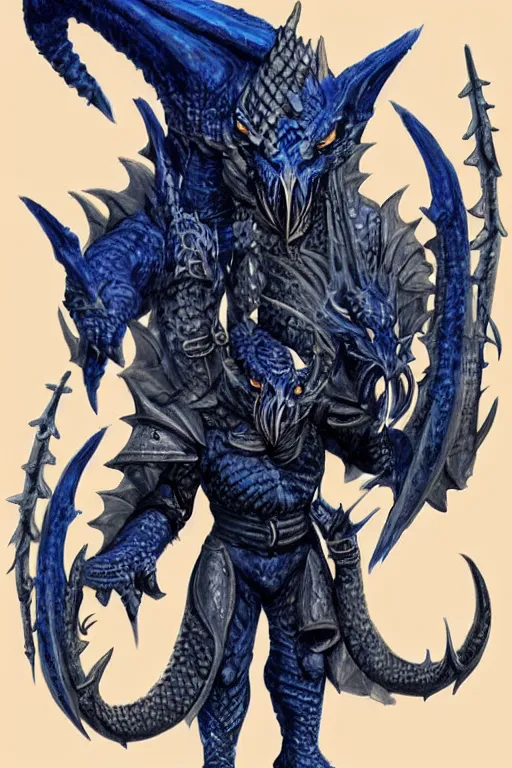 Prompt: a D&D character of a dark blue dragonborn with large tusks, blue flame burning half his face, he wears a black dragon scales armor, D&D concept art