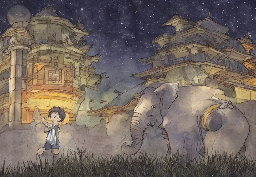 Image similar to a hyperrealist watercolor concept art from a studio ghibli film showing a giant grey chibi elephant. a temple is under construction in the background in india on a misty and starry night. by studio ghibli. very dull muted colors