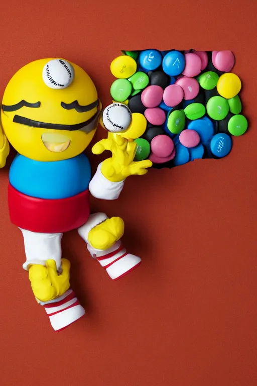Prompt: a single yellow m & m candy with white arms and legs holding a microphone, a yellow sphere wearing a white baseball cap, eminem as a m & m candy standing on a floor covered with m & m candies, m & m candy dispenser, m & m plush!!!, unreal engine, studio lighting, unreal engine, professional food photography