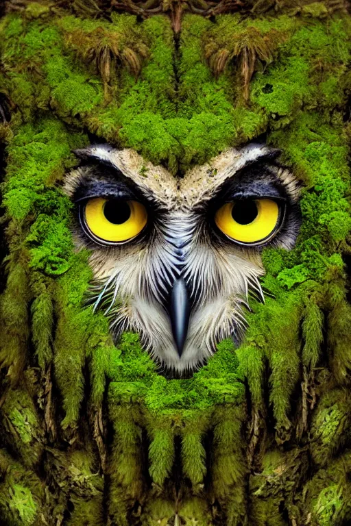 Prompt: an owl made of moss, symmetrical, highly detailed, digital art, sharp focus, amber eyes, ferns, trending on art station