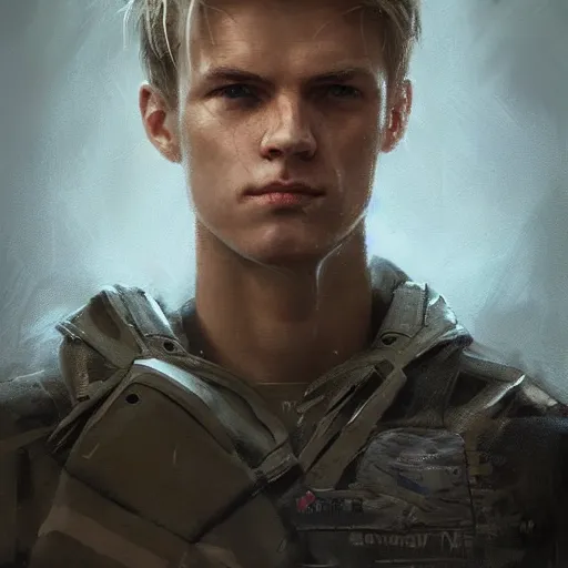 Image similar to Portrait of a man by Greg Rutkowski, he is about 20 years old, norwegian, short blond hair, young, manly, attractive, strong, older brother vibes, he is wearing futuristic military fatigues, highly detailed portrait, scifi, digital painting, artstation, concept art, smooth, sharp foccus ilustration, Artstation HQ