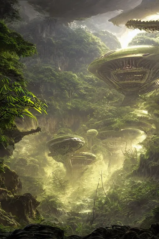 Prompt: alien hive in the exotic jungle, landscape, alex ross, giga, david finch, concept art, matte painting, highly detailed, rule of thirds, dynamic lighting, cinematic, detailed, denoised, centerd