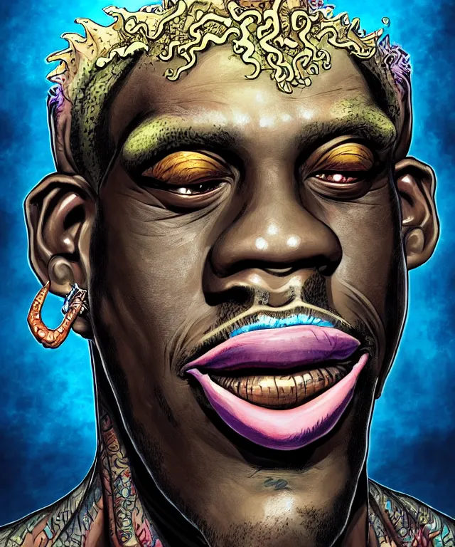 Image similar to fantasy comic style portrait of dennis rodman as a sea monster, digital illustration by ken taylor and sana takeda, hd, 4 k, intricate, highly detailed!!, character design, cover art, award winning