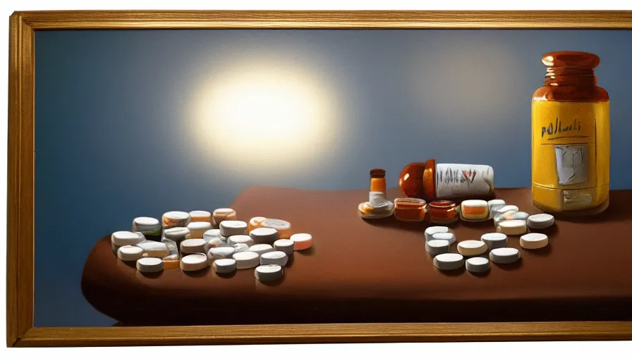 Image similar to an oil painting of a tub of pills, illustration, cinematic lighting, establishing shot