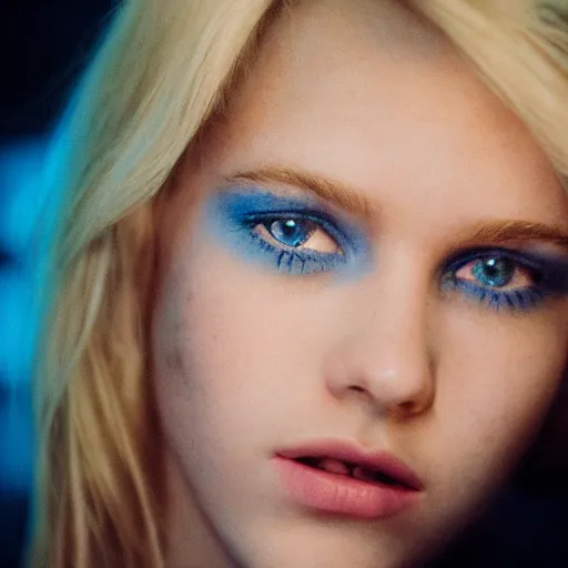 Image similar to a young, blonde-haired woman with soft facial features and blue eyes, biting her lips, 35mm photograph, neon lights in the background