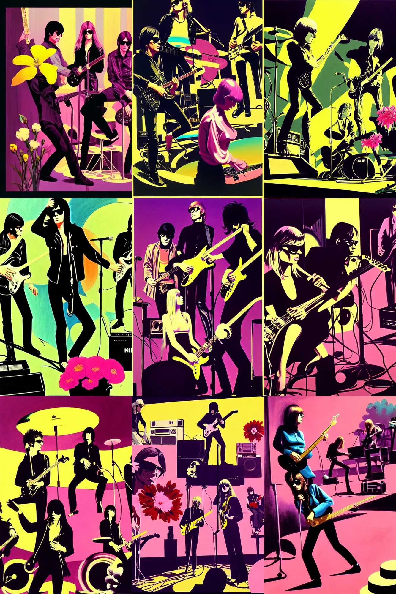 Prompt: the velvet underground and nico playing live on stage, beautiful stage decoration with flowers in the background, painting by syd mead, very detailed and colorful and toned down and ornamental and moody and cool and relaxed and high on drugs, trending on artstation, behance contest winner