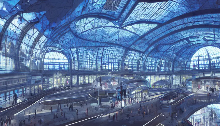 Prompt: futuristic brussels with futuristic train station under blue glass dome, volumetric light, crowded square, hyperdetailed, artstation, cgsociety, 8 k