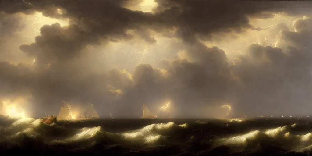 Prompt: a storm in the sea, dark night, lightning, big waves, dramatic lighting, ivan aivazovski, studio photograph