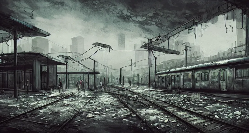 Image similar to (((a post-apocalyptic train station))) by Tokyo Genso!!!!!!!!!!!!!!!!!!!!!!!!!