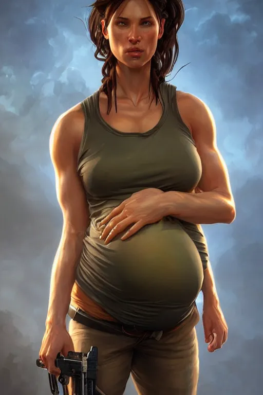 Prompt: pregnant lara croft in a tank top, realistic portrait, symmetrical, highly detailed, digital painting, artstation, concept art, smooth, sharp focus, illustration, cinematic lighting, art by artgerm and greg rutkowski and alphonse mucha