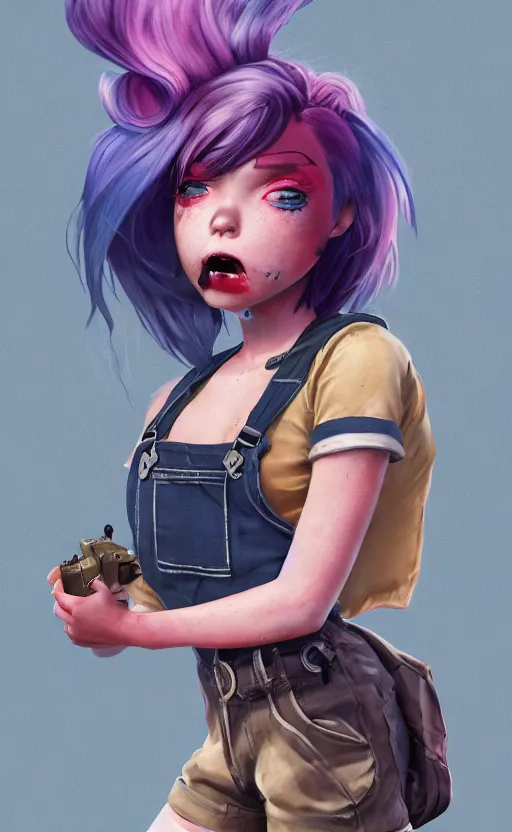 Prompt: a grungy pixar woman with rainbow hair, drunk, angry, soft eyes and narrow chin, dainty figure, long hair straight down, torn overalls, short shorts, combat boots, gasmask, basic white background, side boob, symmetrical, single person, style of by jordan grimmer and greg rutkowski, crisp lines and color,