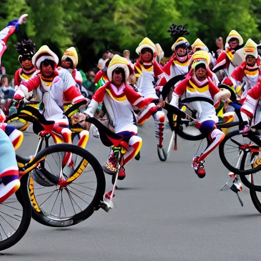 Prompt: sports photo of troupe of clowns on unicycles in a bunch sprint at tour de france