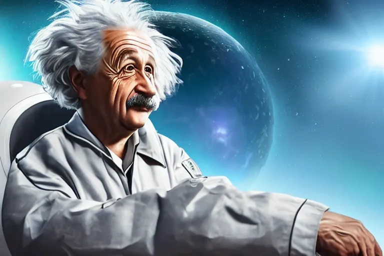 Image similar to still fullbody photo of sad albert einstein in spacesuit, giant flat earth on turtles at background, highly detailed, photorealistic shot, bright studio setting, studio lighting, crisp quality and light reflections, unreal engine 5 quality render