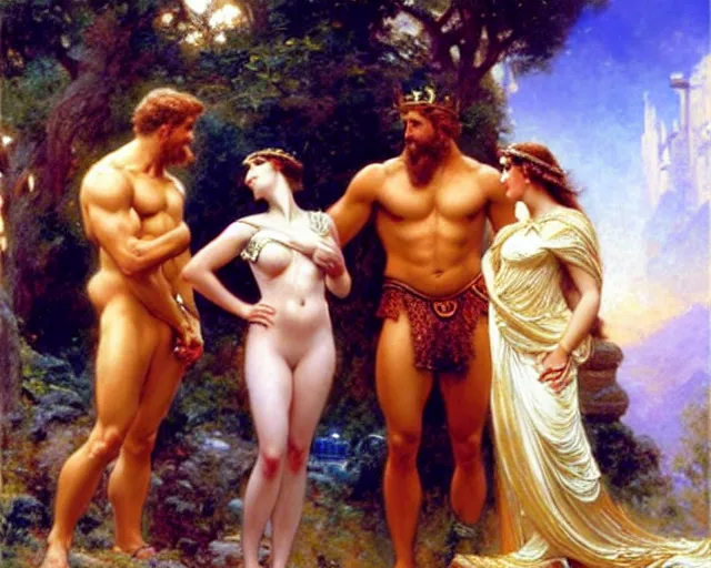 Image similar to distracted boyfriend meme of zeus ignoring hera to look at adonis, painting by gaston bussiere, craig mullins, j. c. leyendecker