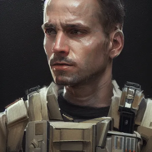 Image similar to portrait of a man by greg rutkowski, a soldier of the confederation of independent systems, wearing a beige and black tactical gear, star wars expanded universe, highly detailed portrait, digital painting, artstation, concept art, smooth, sharp foccus ilustration, artstation hq