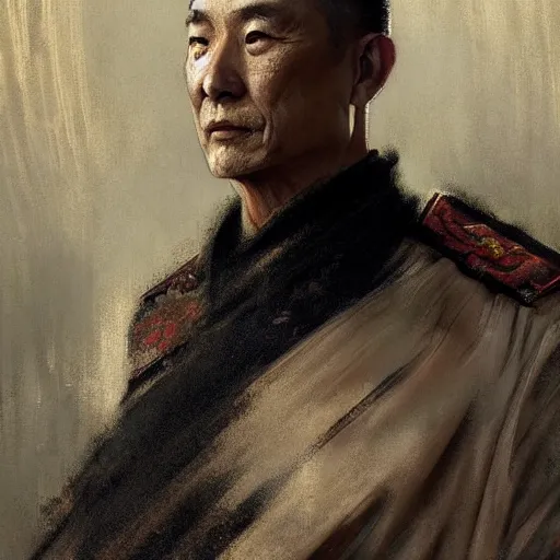 Prompt: painted portrait of chinese general by greg rutkowski craig mullins art germ alphonse mucha, messy black body paint over back and his arms, white hair handsome muscular upper body mature warm tone bulging bubble flowing robe [ ancient chinese motifs ] background fantasy intricate elegant detailed digital painting concept art artstation sharp focus illustration