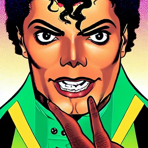 Image similar to dynamic macro head portrait of beautiful michael jackson super hero in white sequined jacket by john romita sr and cory walker and ryan ottley and jack kirby and barry windsor - smith, comic, illustration, photo real