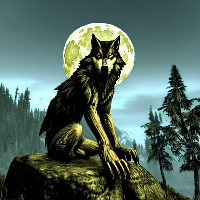 Prompt: A werewolf sitting on a rock, woodland creek, realistic, skyrim style, yellowish full moon