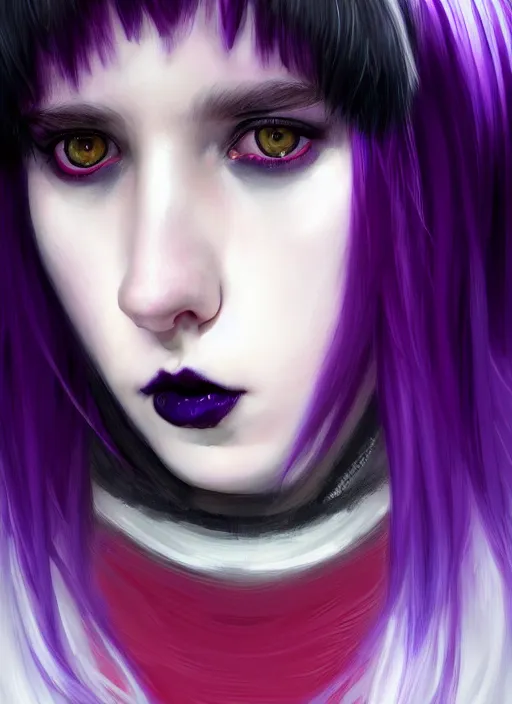 Image similar to portrait of white teenage girl, normal face, white bangs, mall goth, cyberlox, black and white hair, bangs, fluffy bangs, red contact lenses, purple lipstick, intricate, elegant, highly detailed, digital painting, artstation, concept art, sharp focus, smooth, illustration, art by wlop, mars ravelo and greg rutkowski