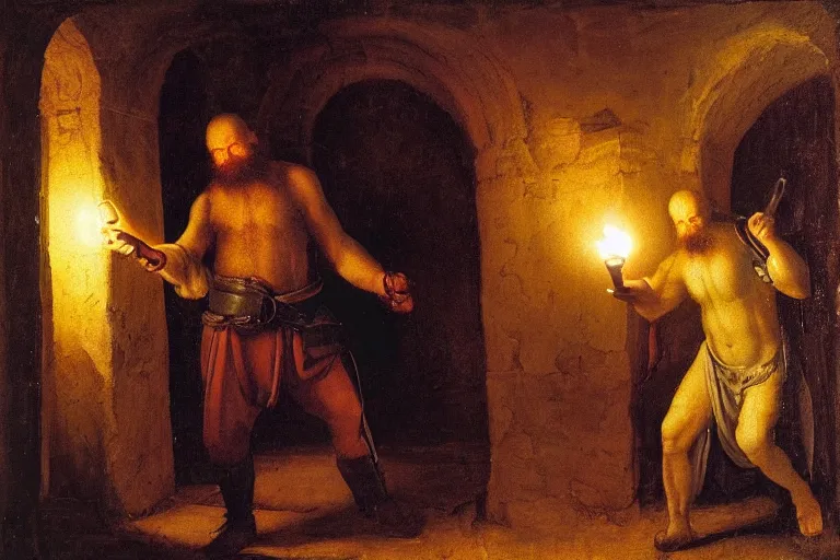 Prompt: a bearded man holds a torch and explores a Dungeon, luminous, Renaissance Painting