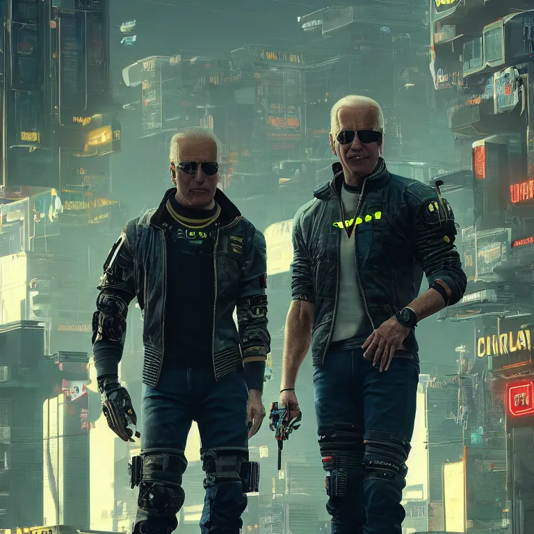 Image similar to joe biden as a cyborg in cyberpunk 2 0 7 7, technological, movie footage, high - tech, still frame