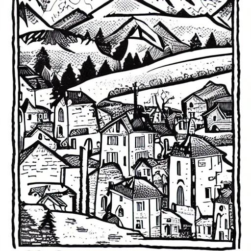 Prompt: mcbess illustration of a quaint village in the mountains