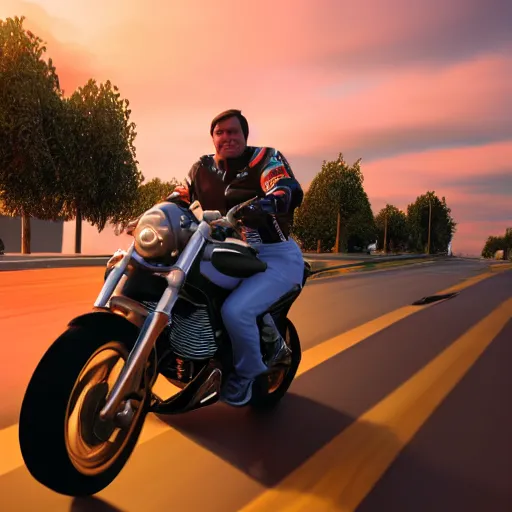 Image similar to a photo of jair messias bolsonaro driving a motorcycle at the sunset, octane render, unreal engine 5, high quality, highly detailed, close up photo, 8 k, hyperrealistic