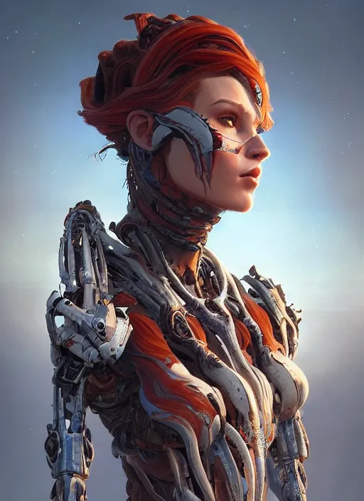 Image similar to asymmetrical!! portrait of an alien with large tubes in face in the style of, machine face, intricate, elegant, highly detailed, digital painting, artstation, concept art, smooth, sharp focus, illustration, art by artgerm and greg rutkowski and alphonse mucha, horizon zero dawn 8 k