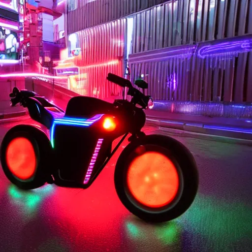 Prompt: cyber motorcycle through a futuristic tokyo neon lights