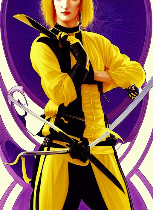 Image similar to uma thurman in kill bill, sword warrior, rococo and art nouveau fusion, swinging reflective katana, yellow jumpsuit with black stripe, highly detailed, deep focus, elegant, digital painting, smooth, sharp focus, illustration, ultra realistic, japanese art by artgerm and alphonse mucha