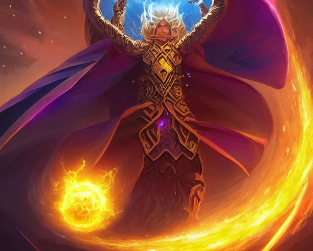 Image similar to extreme cosmic power, wizard casting the biggest greatest brightest destructive fireball in the world, deep focus, d & d, fantasy, intricate, elegant, highly detailed, digital painting, artstation, concept art, matte, sharp focus, illustration, hearthstone, art by artgerm and greg rutkowski and alphonse mucha