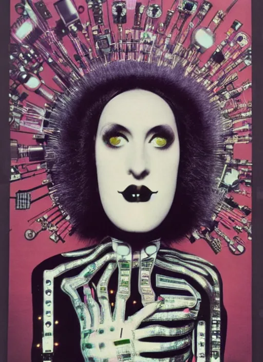 Image similar to Portrait of a punk goth fashion fractal cosmonaut girl with a television head wearing kimono made of circuits and leds, surreal photography by Man Ray