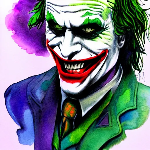 Image similar to the joker watercolor drawing, in the style of greg rutowski, hyper detailed