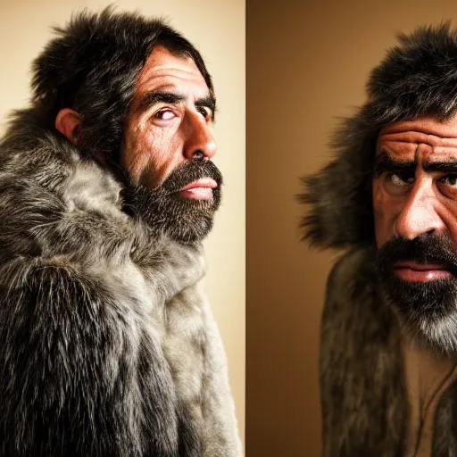 Prompt: Photo portrait Joe Rogan as a wax neanderthal cave man exaggerated brow wrapped in fur cloak screaming like a savage in the natural history museum background dramatic lighting 85mm lens by Steve McCurry