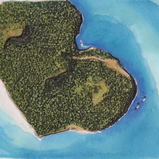 Prompt: a bird's - eye view of a island in de middle of the ocean, watercolor