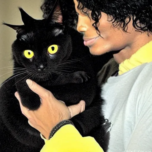 Prompt: 2009 this is It Michael Jackson taking care of a Black cat with yellow eyes, rare