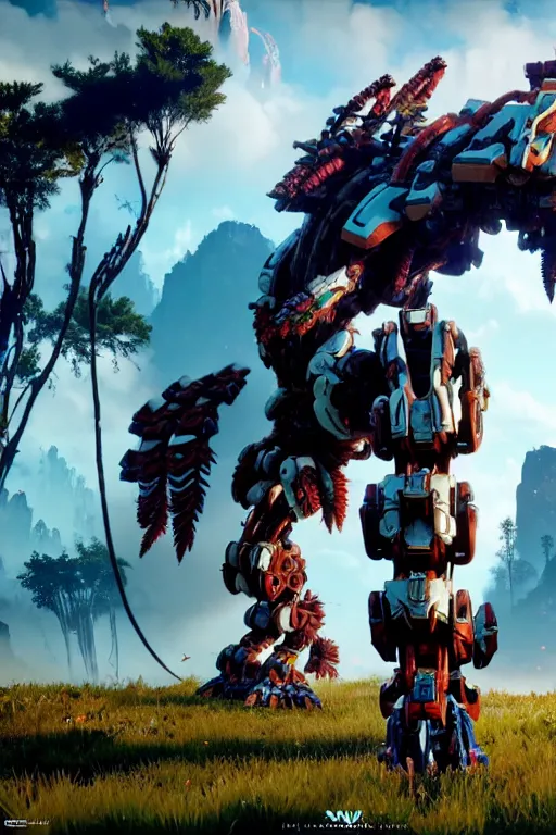 Image similar to a cinematic still from horizon zero dawn, full body mech, octane render, nvidia raytracing demo, masterpiece, aged armor plating, decipticon armor plating, aggressive head, endoekeleton exposure