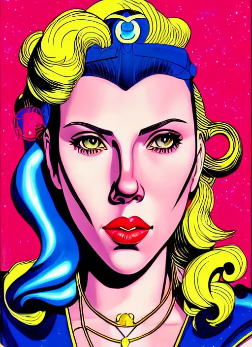 Image similar to perfectly centered realistic portrait of scarlett johansson as a sailor moon, futuristic, dark, highly detailed, 8 0 - s style, sharp focus, illustration, art by jamie christopher hewlett and kawase hasui