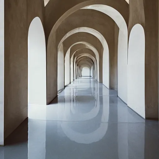 Image similar to photograph of a symmetrical arch hallway, shiny floor, concrete, pastel hues, minimalist, architecture magazine, dezeen, 50mm, pentax, film