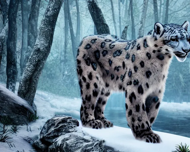 Prompt: a snow leopard standing on a riverbank in a snowy forest forest, natural lighting, very coherent, ultra realistic, concept art, intricate details, highly detailed, photorealistic, octane render, 8 k, unreal engine