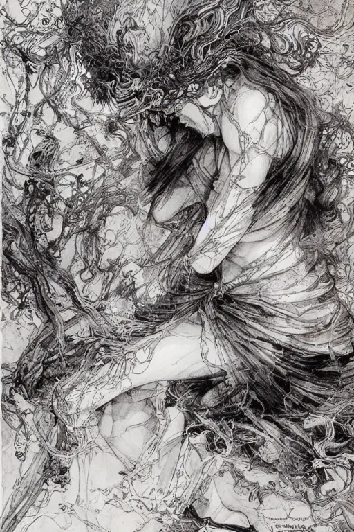 Image similar to the pieces of my heart shattered on the floor , pen and ink, intricate line drawings, by Yoshitaka Amano, Ruan Jia, Kentaro Miura, Artgerm, watercolor