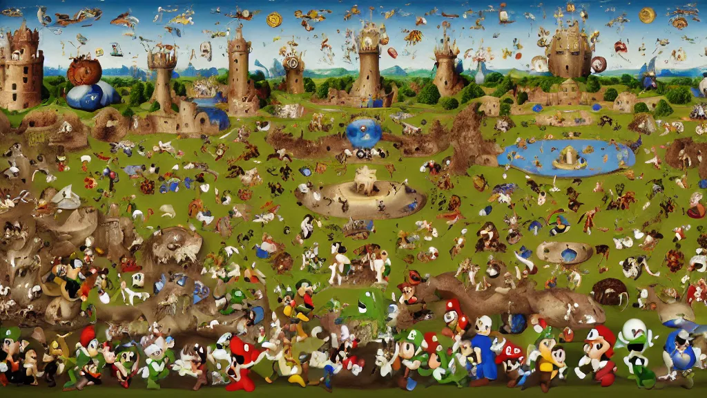 Image similar to garden of earthly delights. super mario. luigi. goomba. power up. digital painting. digital render. hieronymus bosch