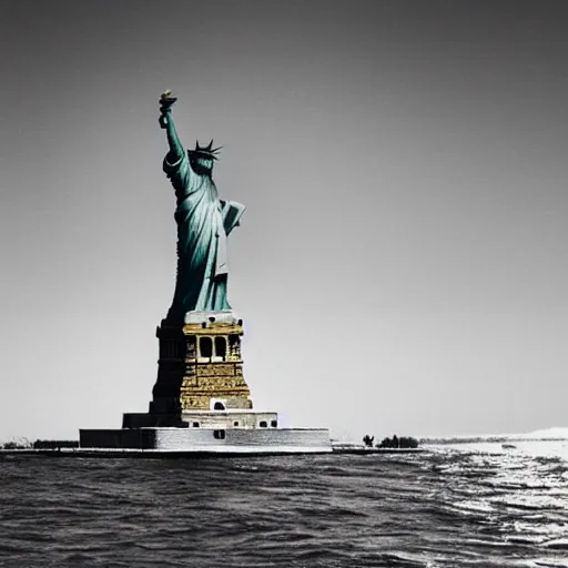 Image similar to underwater statue of liberty, aged underwater, waves above, photography, finely detailed