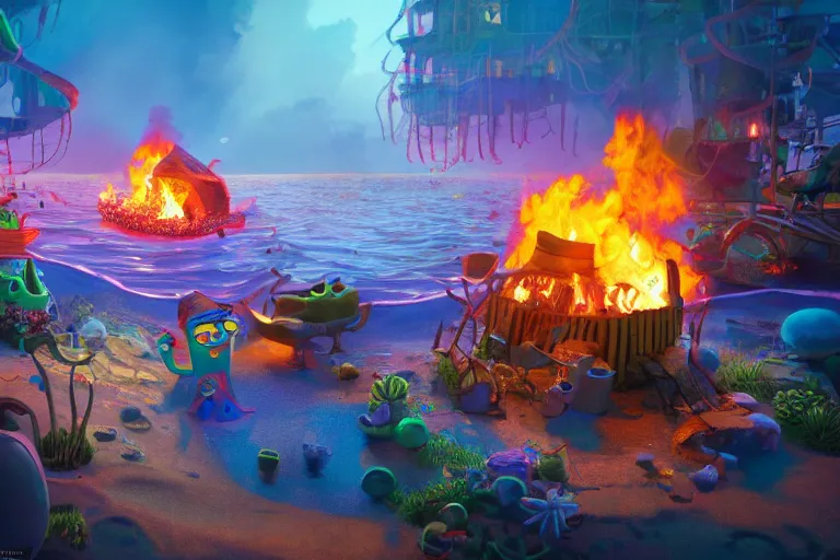 Image similar to the most amazing dream you ever had about bikini bottom bonfire, hyper realistic, ambient lighting, concept art, intricate, hyper detailed, smooth, dynamic volumetric lighting, octane, cinematic